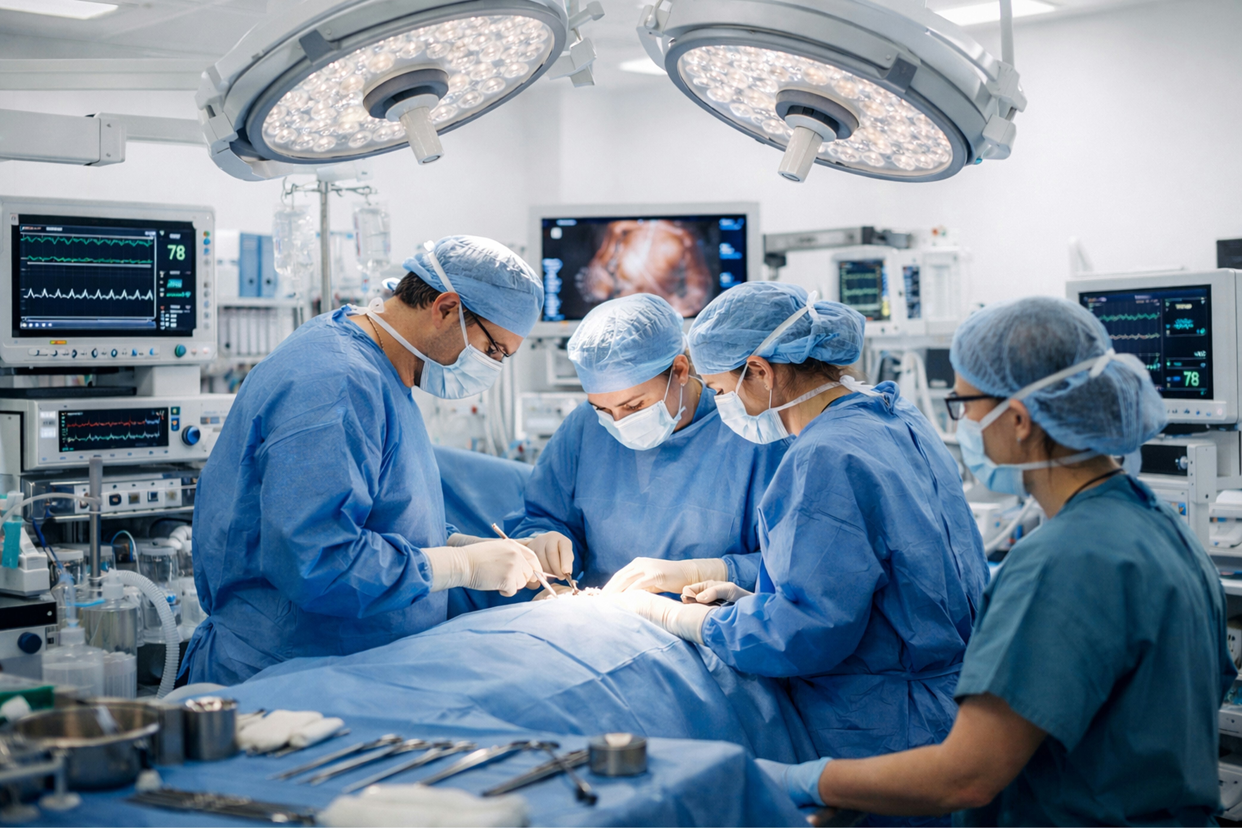 Doctors working in a clean surgery room.